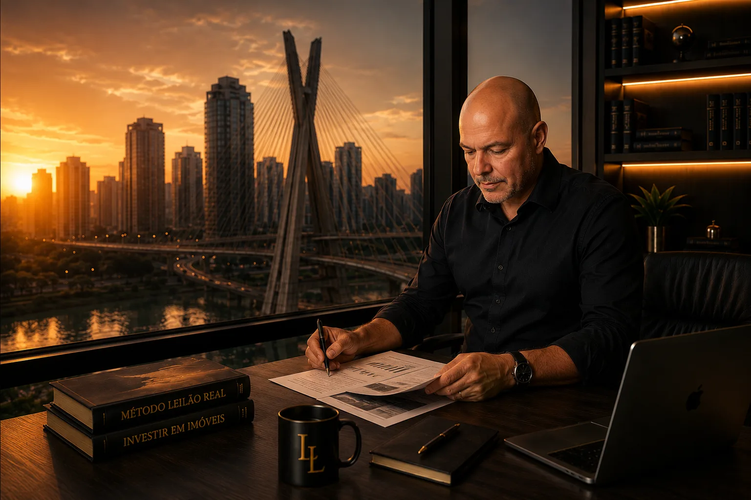 Cris Leão analisando documentos no escritório