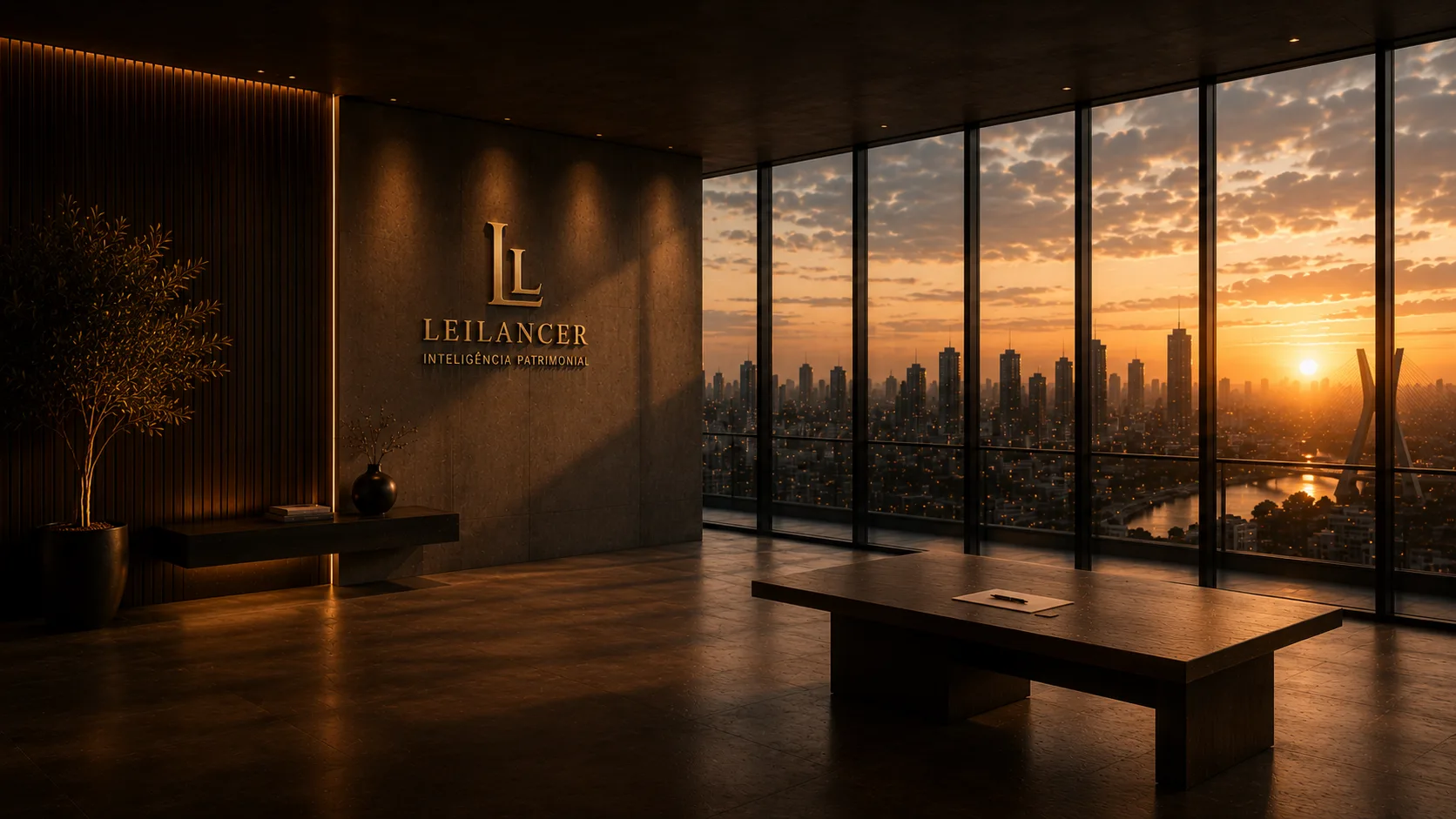 Escritório institucional ao pôr do sol, com uma mesa ampla e um único documento