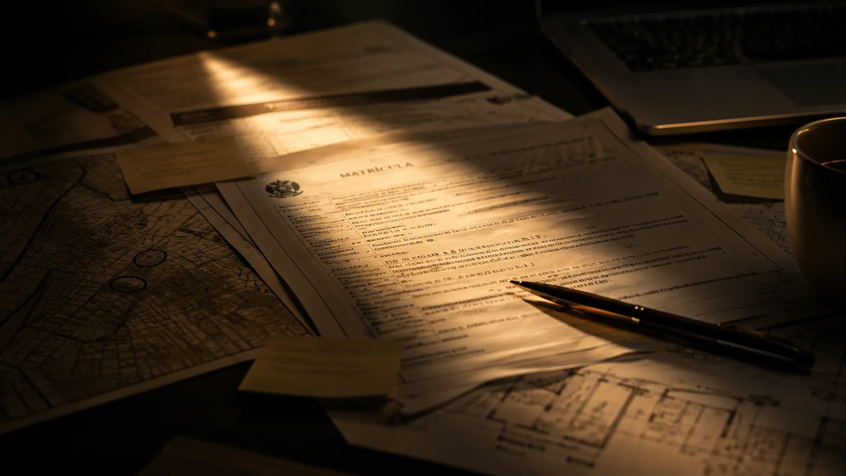 Matrícula imobiliária, plantas e documentos sob luz dourada durante uma investigação patrimonial