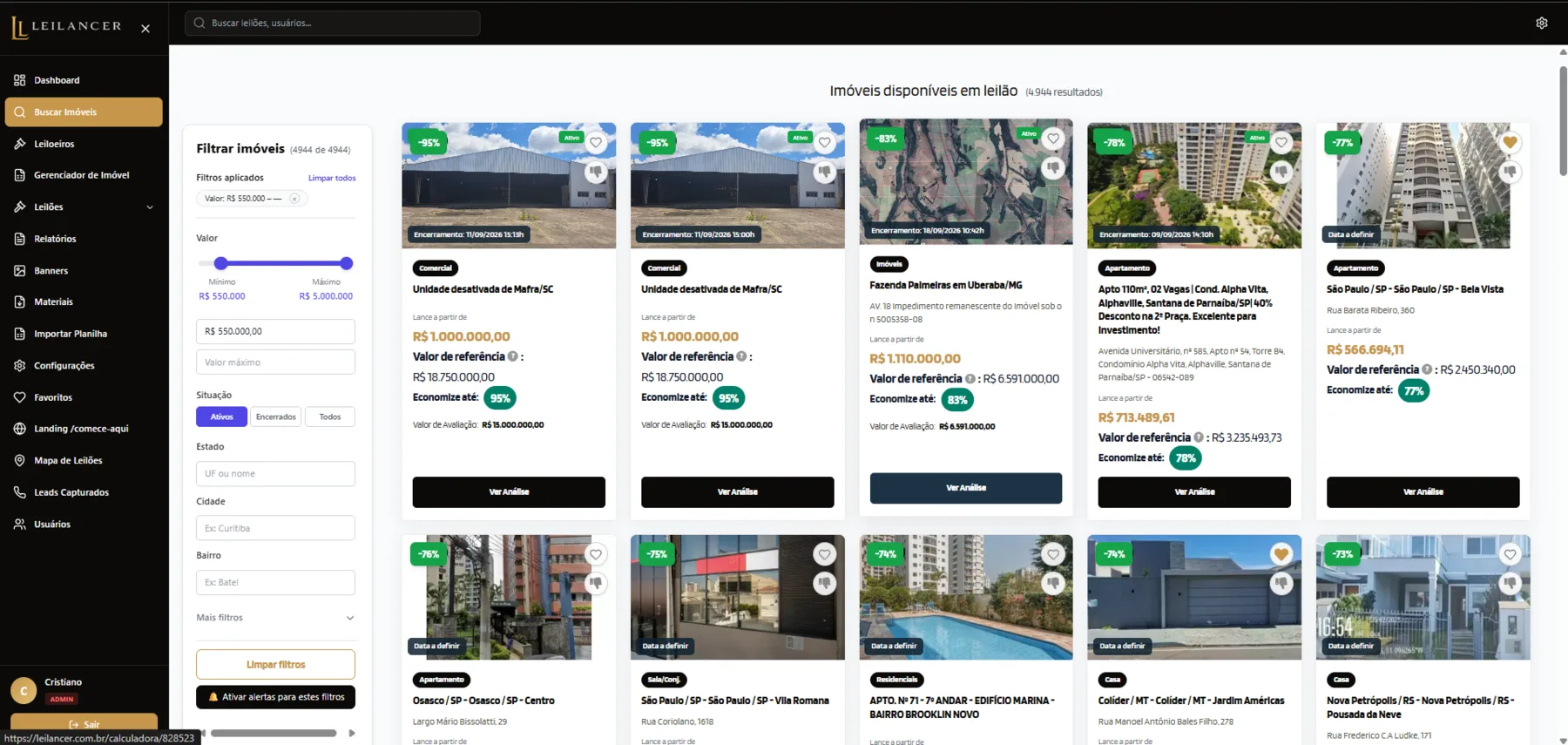 Busca de imóveis na Plataforma Leilancer